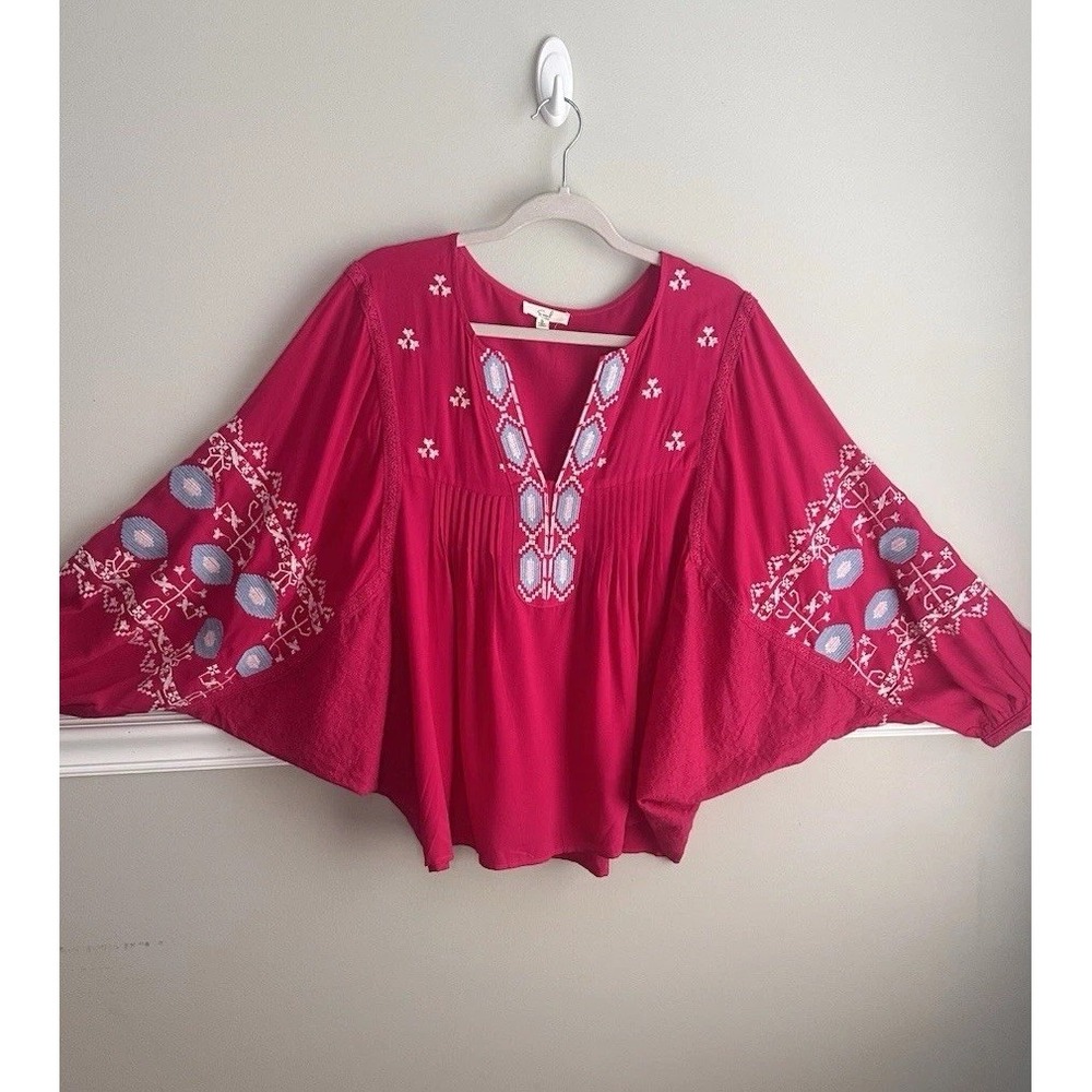 Easel Fuchsia Boho Top Floral Embroidered Eyelet Flowy Blouse Sm Hippie Western